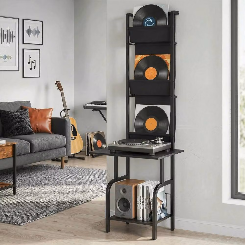 PAWNORA Vinyl Record Player Stand with Oxford Pockets, Black, W: 100 cm, D: 15 cm – 6
