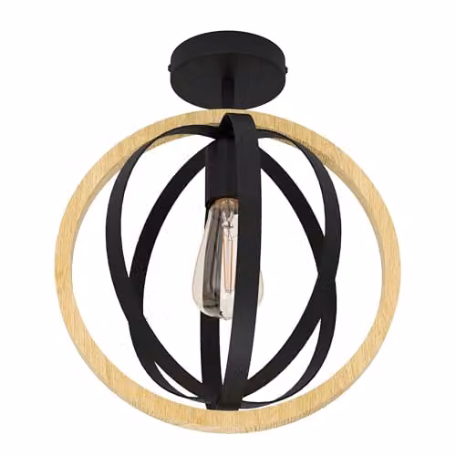 Eglo Basildon Modern Ring Ceiling Light in Black and Wood