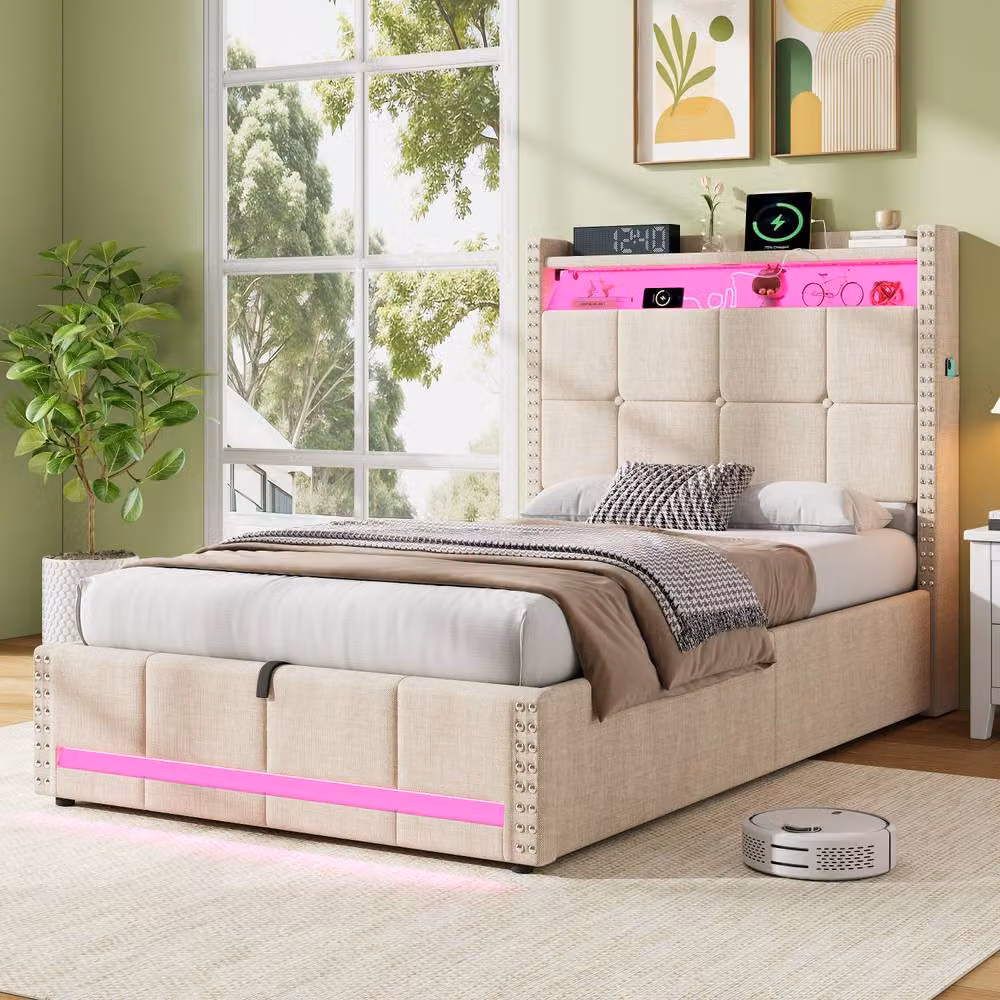 BTM Single LED Rivet Hydraulic Storage Bed in Beige with USB Charging Port and Under-bed Lighting, W/D/H: 90 x 190 cm – 2