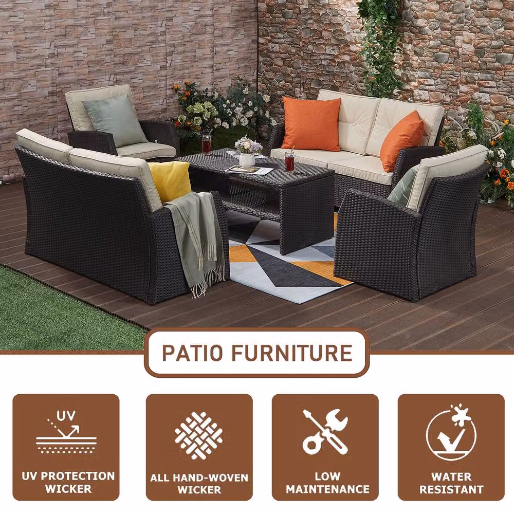 FURNITURE ONE 6 Seater Rattan Garden Furniture Set with Coffee Table in Brown and Beige – 5