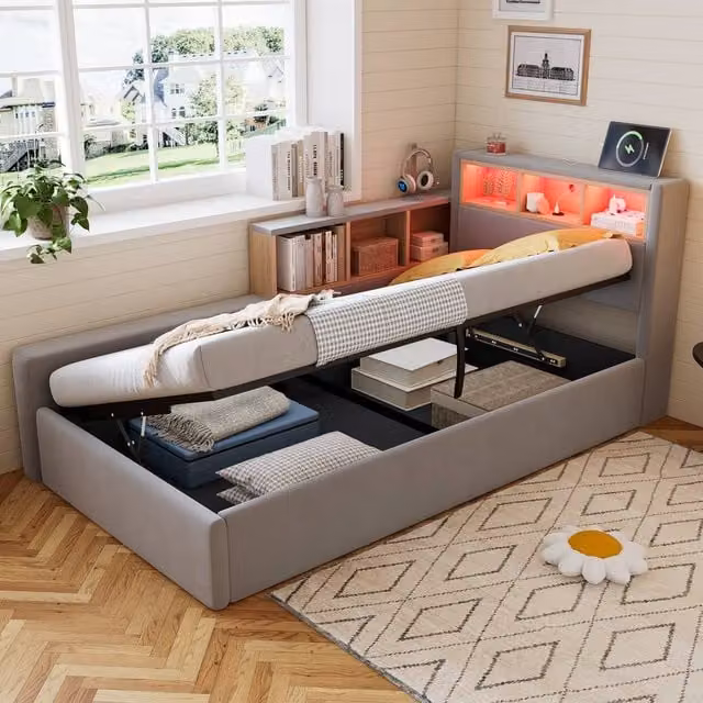 Merax Grey Velvet L-Shaped Single Daybed with LED Lighting, USB Charging Port and Storage, W/D/H: 190 x 90 x 150 cm – 1