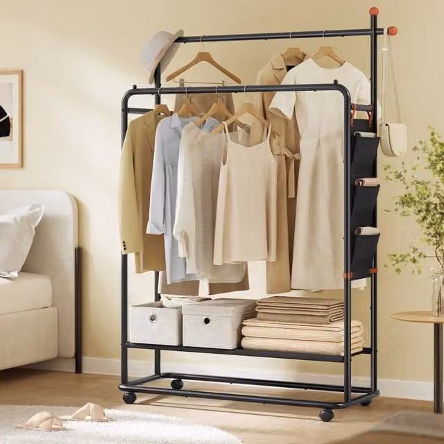 SONGMICS HOME Mobile Clothes Rack with Storage and Hooks in Matt Black Metal