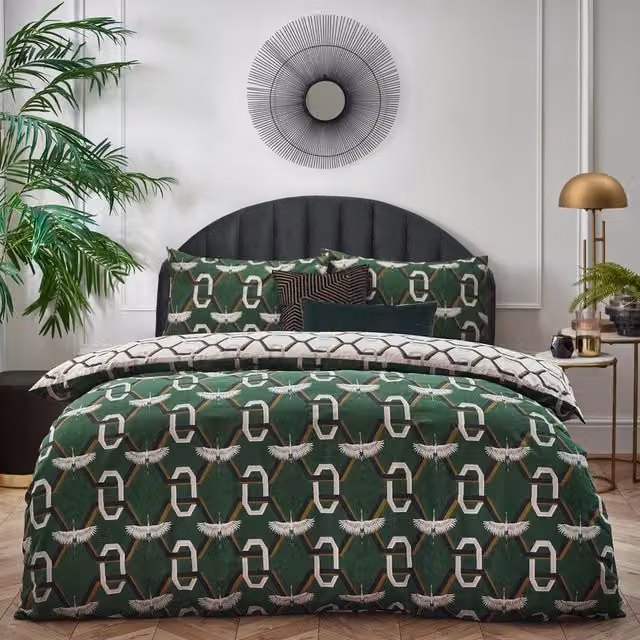 Avalon Reversible Geometric Duvet Cover Set in Green and White, 200 x 200 cm