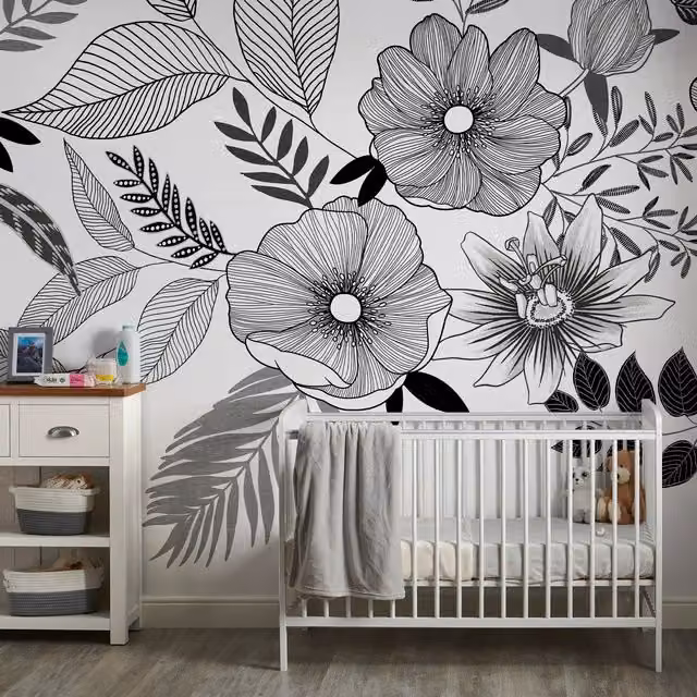 Grandeco Botanical Floral Mural Wallpaper in White and Black, Washable Vinyl, W: 280 cm x H: 250 cm