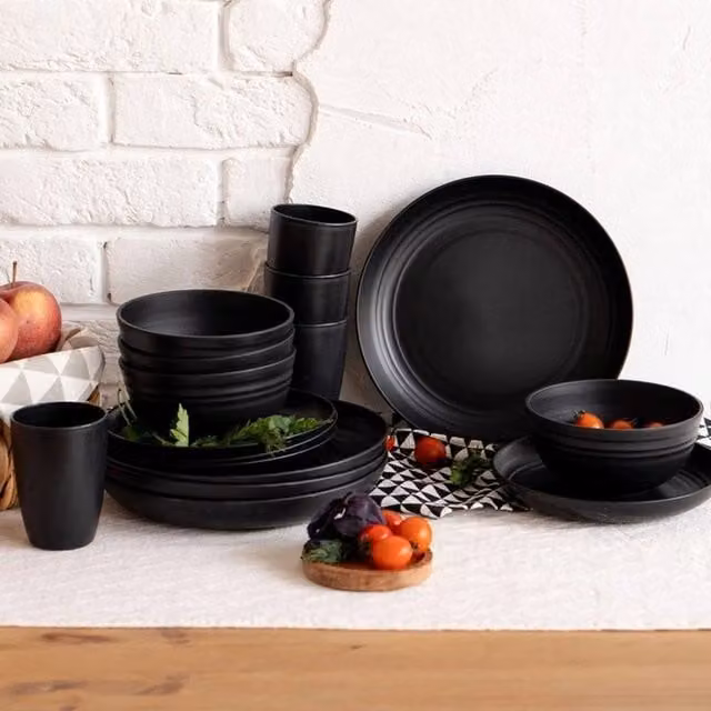 SPETLEK 32-Piece Black Dinnerware Set with Plates and Bowls