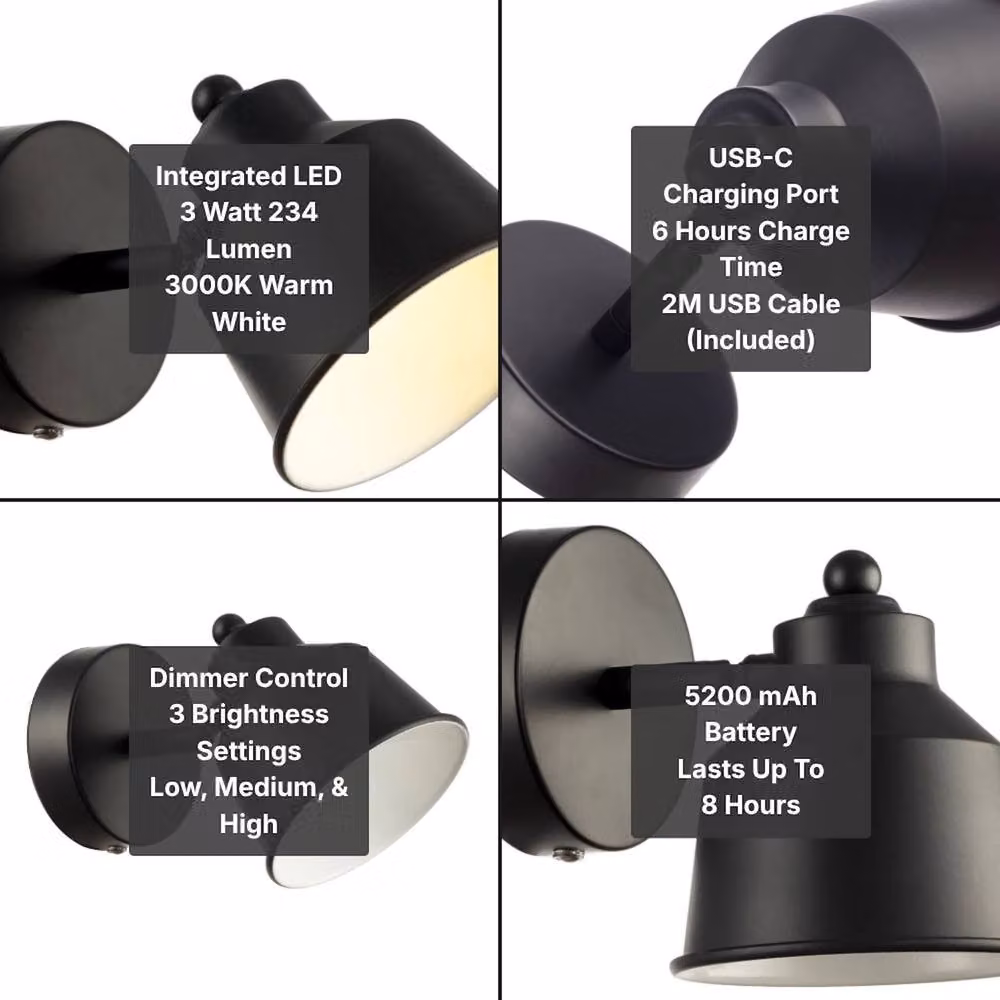 Happy Homewares Modern Rechargeable Dimmable LED Spot Wall Light in Black – 6