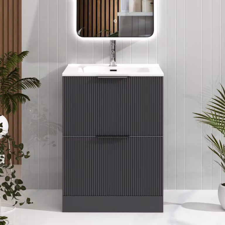 Royal Bathrooms Evora 600mm Graphite Grey Fluted Floor Standing Vanity Unit with 2 Drawers and Ceramic Basin