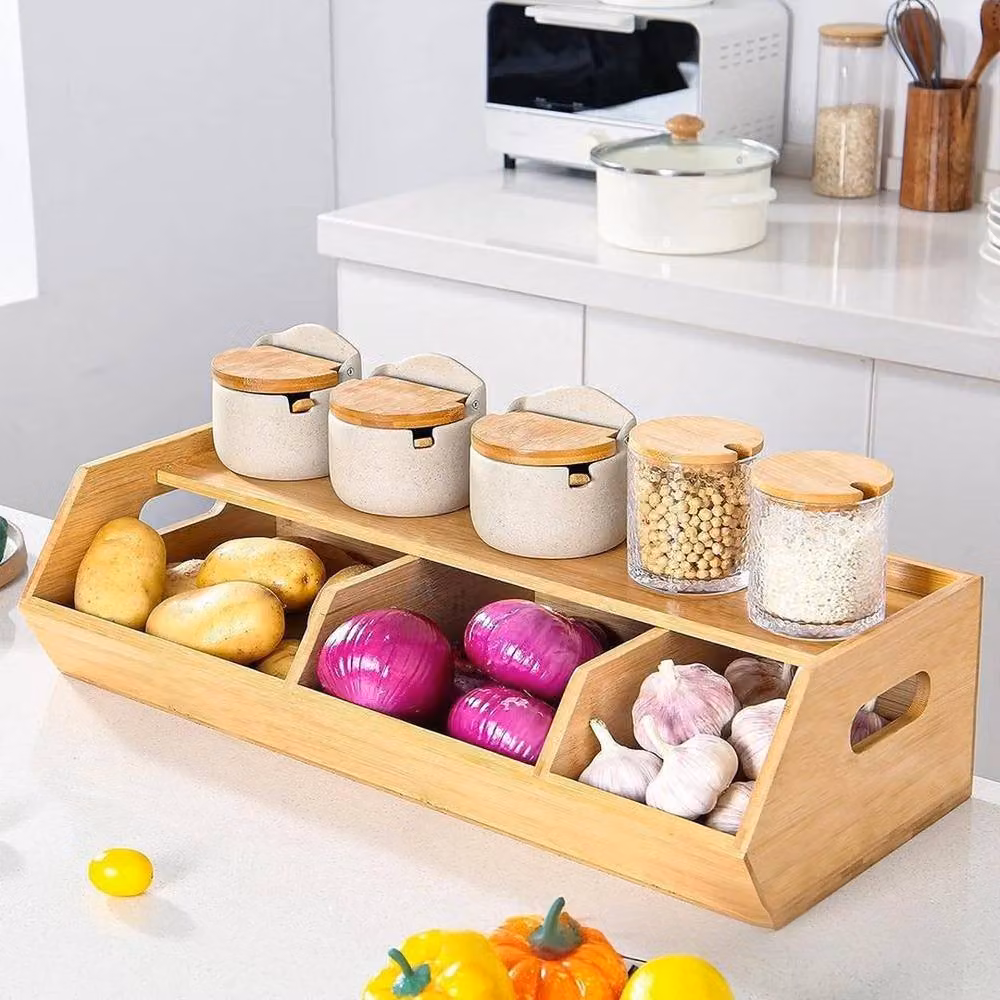 Kelvenix 2-Tier Bamboo Desktop Spice and Seasoning Storage Box in Brown and Beige – 2