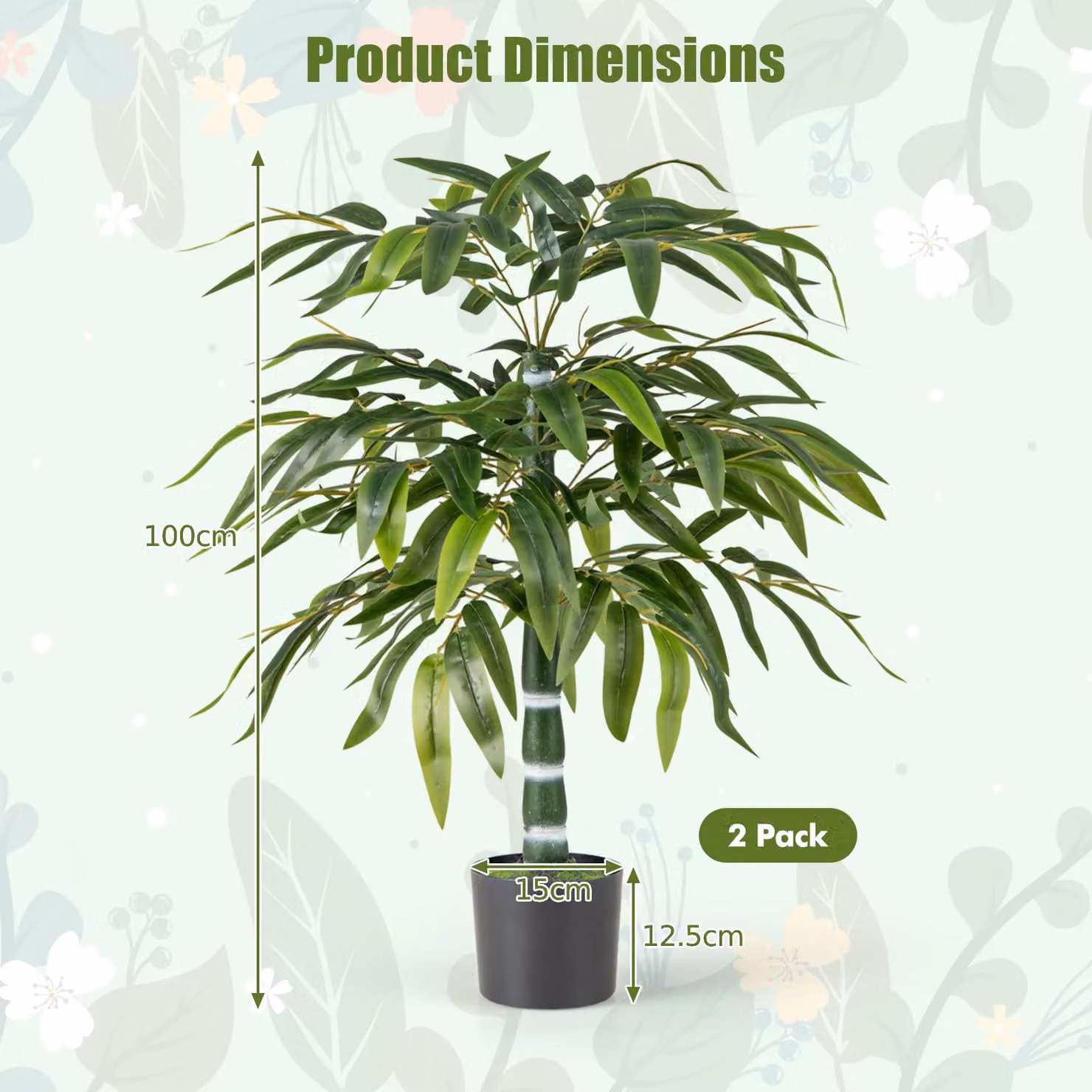 Gymax Set of 2 Artificial Bamboo Trees in Dark Green with Pots, Height: 100 cm – 3