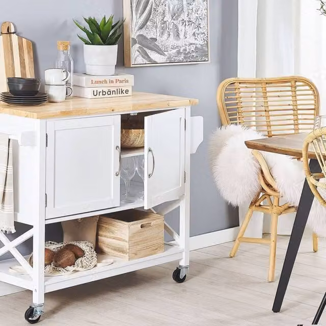 Wyld and Coco Nordic Scandinavian Kitchen Trolley, White MDF with Light Wood Top, H 90 x W 102 x D 44 cm