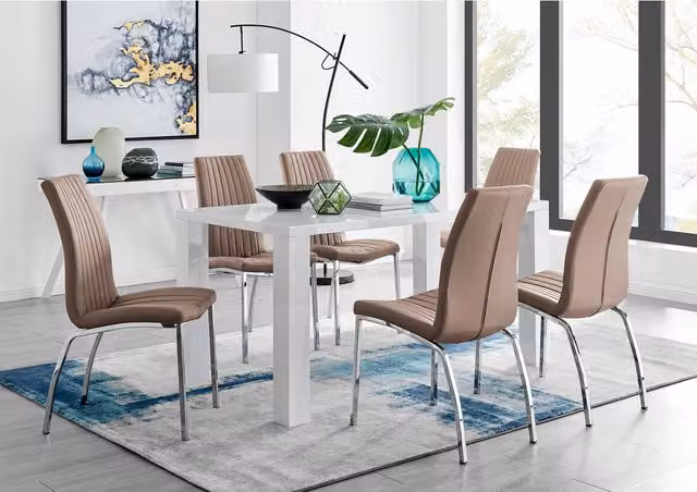 FurnitureboxUK Pivero White High Gloss Rectangular Dining Table and 6 Isco Chairs Set in Cappuccino
