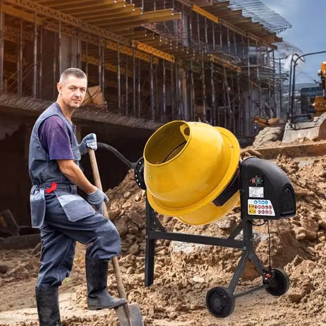 Livingandhome Electric Portable Cement Concrete Mixer with Wheels, Yellow, Height: 117 cm