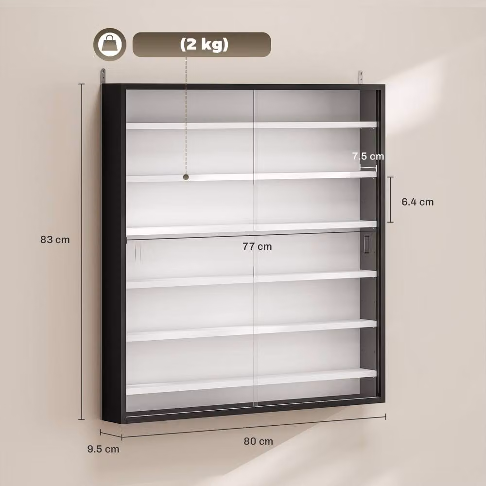 HOMCOM Classic Wall Mounted 7-Tier Display Cabinet with Glass Doors and Internal Shelves in Black and Multicolour – 3