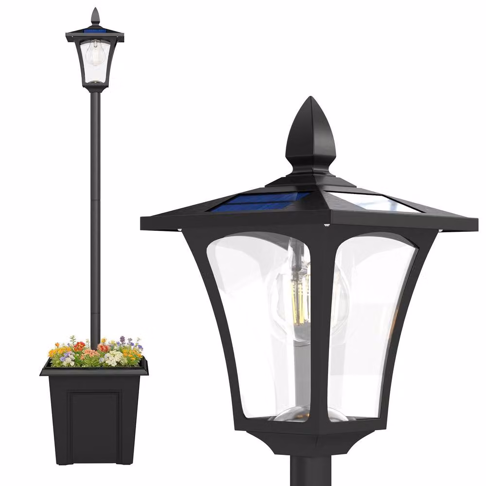 OUTSUNNY Black Aluminium LED Solar Garden Lamp Post with Dusk Sensor, Height: 160 cm – 2