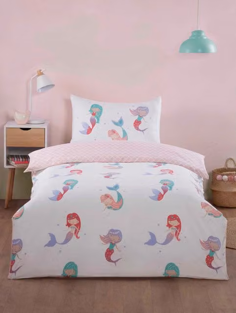 Rapport Home Little Mermaids Reversible Microfibre Single Duvet Cover and Pillowcase Set, Multicolour, W/D/H: 135 x 200 cm, Pillowcase: 50 x 75 cm