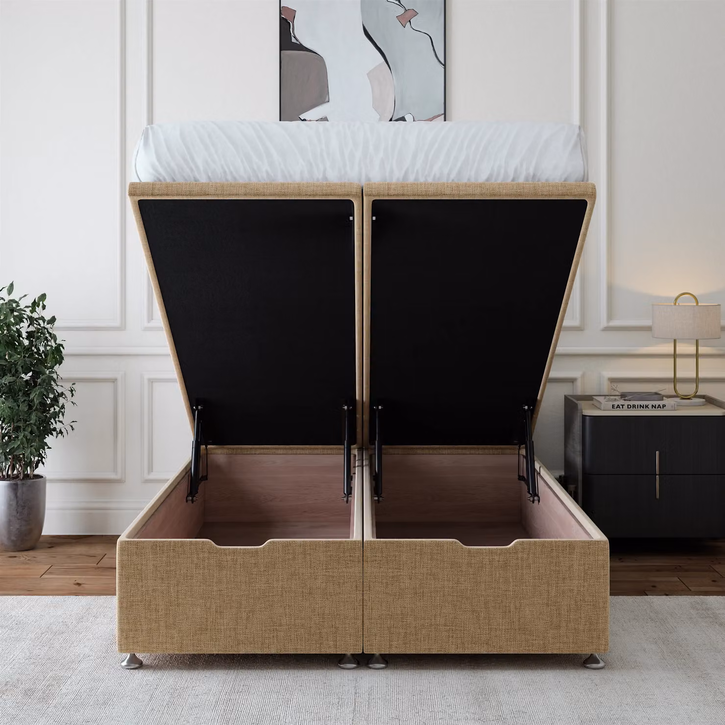 Bedmaster Linen Ottoman Divan Base and Lined Headboard in Sand/Beige, W/D/H: 120 x 200 cm – 2