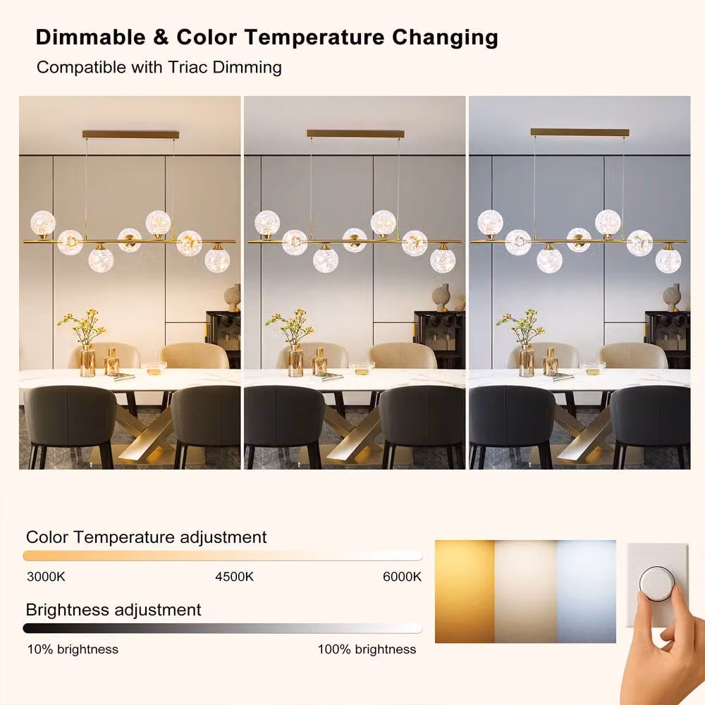 NIVOR 7 Light Dimmable LED Linear Pendant Light in Metallic Gold with Transparent Glass – 3