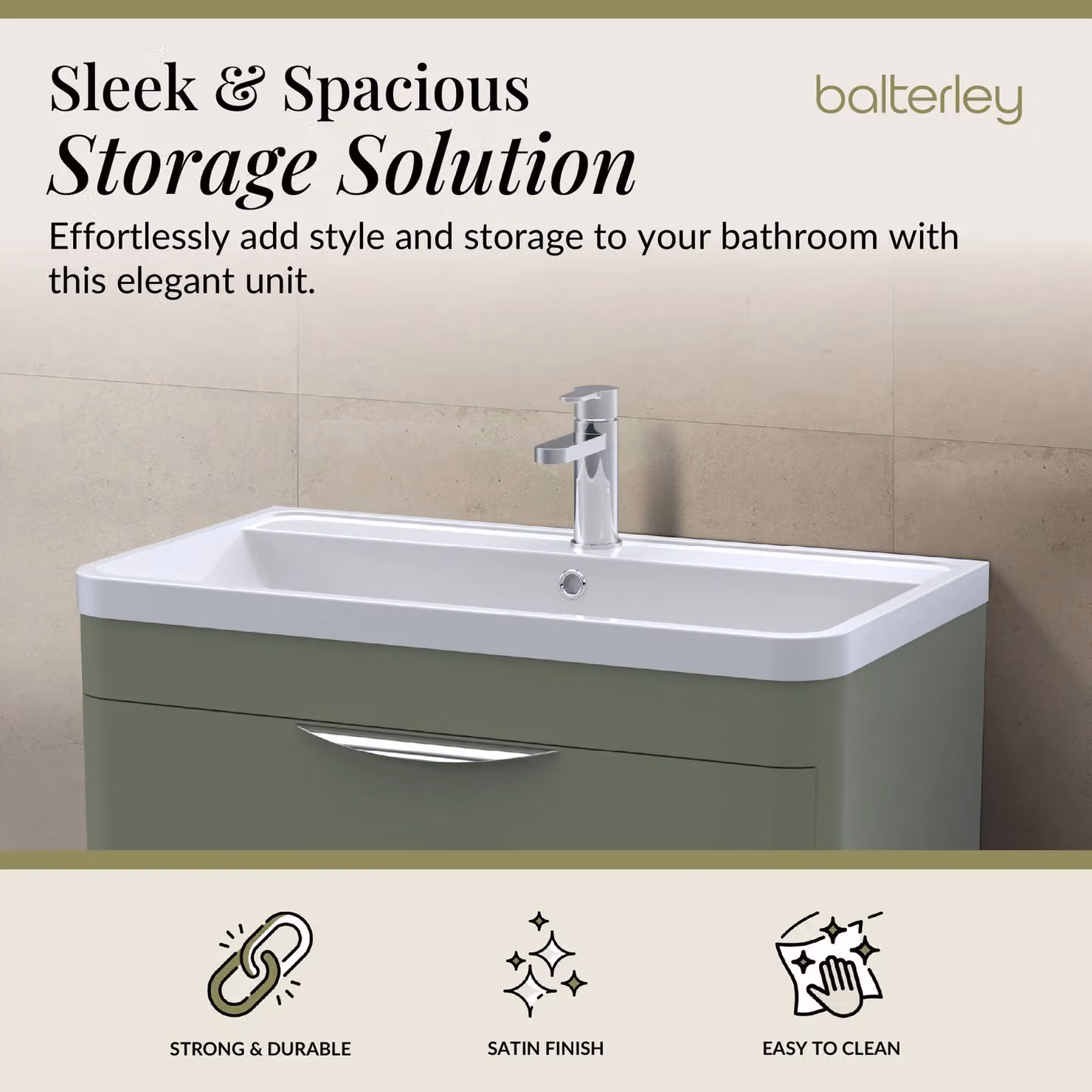Balterley Contemporary 2 Drawer Floor Bathroom Vanity Unit in Satin Green, W: 81.0 cm – 2
