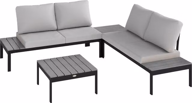 Outsunny Four-Piece L-Shape Garden Corner Sofa Set with 2 Loveseats and 2 Coffee Tables in Grey