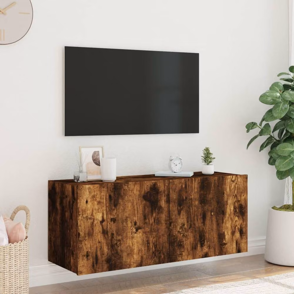 Berkfield Home TV Wall Cabinet with LED Lights in Smoked Oak Brown, W/D/H: 100 x 35 x 41 cm – 5