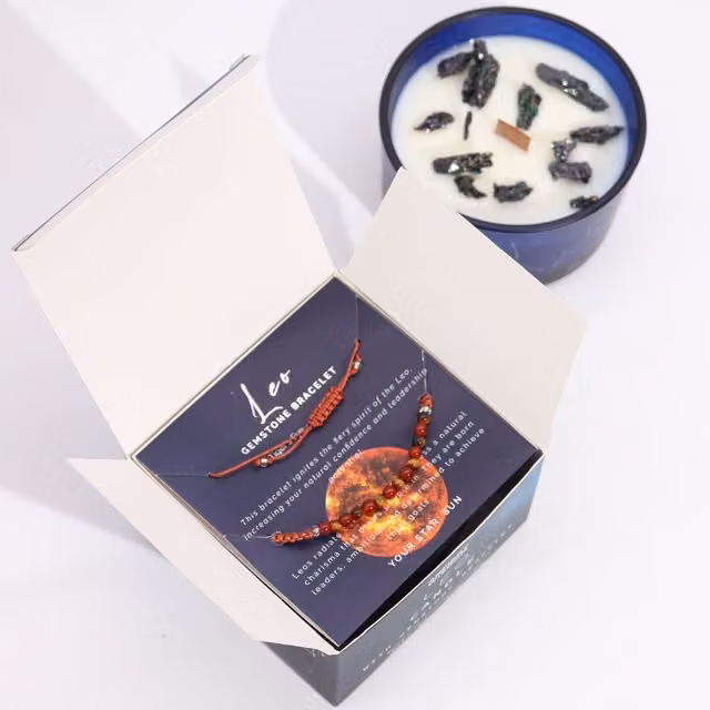 KDMK Leo Zodiac Crystal Candle with Citrine Gemstone Bracelet and Ginger Fragrance in Blue and Multicolour