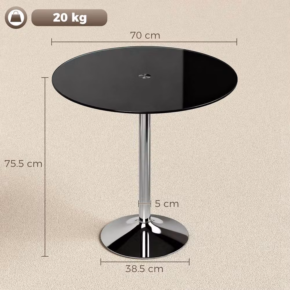 HOMCOM Round Bar Table with Black Tempered Glass Top and Steel Frame, W/D/H: 70 x 70 x 75.5 cm – 3
