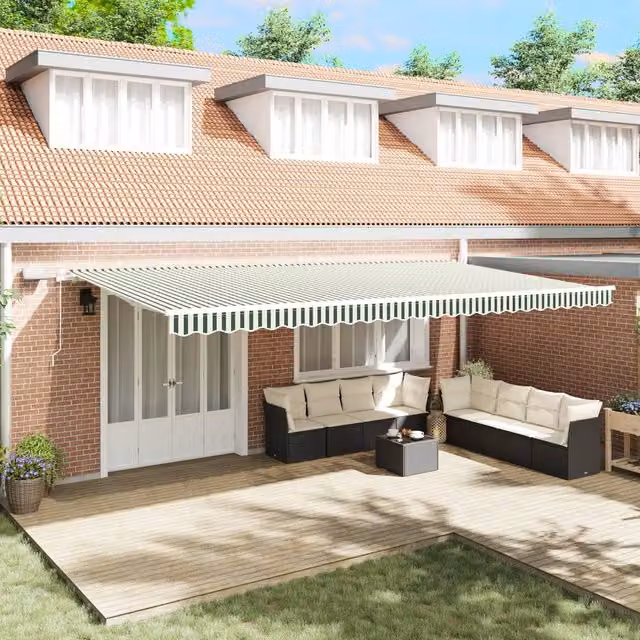 Berkfield Home Manual Retractable Wall-Mounted Folding Arm Awning with LED, Green and White, W: 600 cm, D: 350 cm – 1