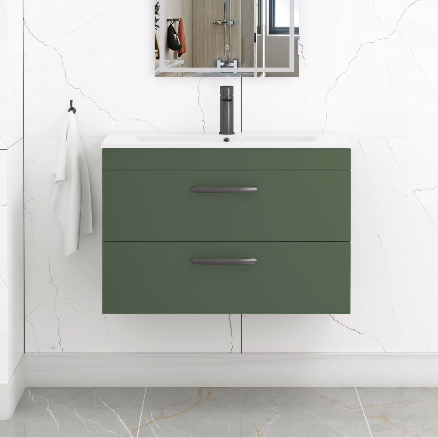 Royal Bathrooms Turin 800mm Wall Hung Vanity Unit in Matt Green with 2 Drawers and Matt Black Handles
