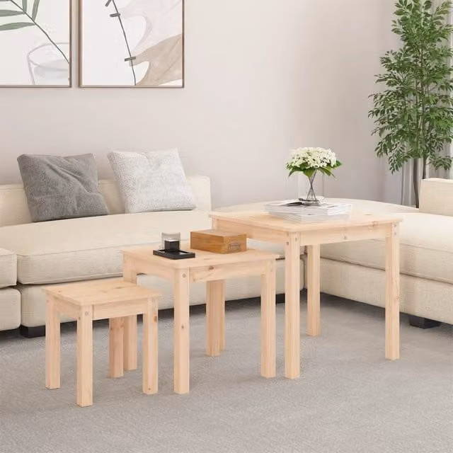 Berkfield Home Nesting Tables, Set of 3, Rustic Brown Solid Pine Wood