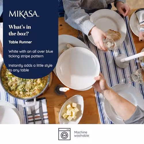 Mikasa Cotton and Linen Striped Table Runner in White and Blue, W: 230 cm, H: 34 cm – 2