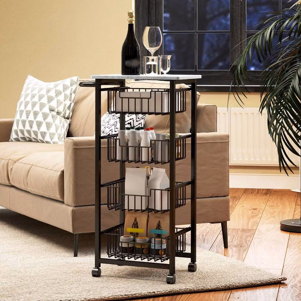 STILVORA Kitchen Trolley with 4 Baskets and Marble-Effect Top in Black, W: 49.5 cm, D: 31.0 cm, H: 91.0 cm – 5