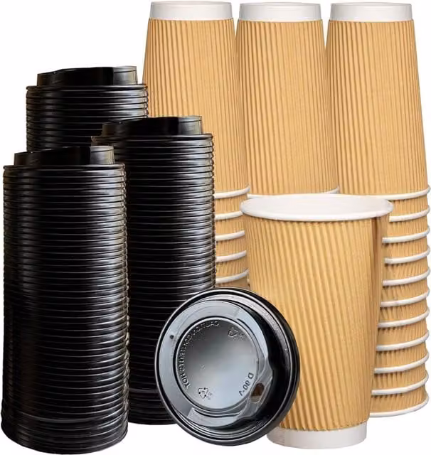 ECONX Disposable Paper Coffee Mugs with Lids, Brown and Black, 475ml, Pack of 100