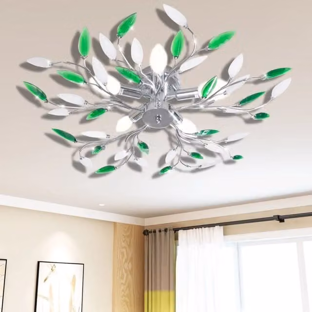 Berkfield Home Green and White Ceiling Lamp with Chrome and Crystal Leaf Arms for 5 x E14 Bulbs