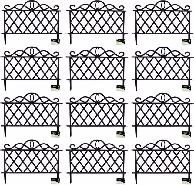 Samuel Alexander Pack of 12 Black Plastic Garden Border Fence Edging with Lattice Design, H: 27 cm x W: 47 cm – 1