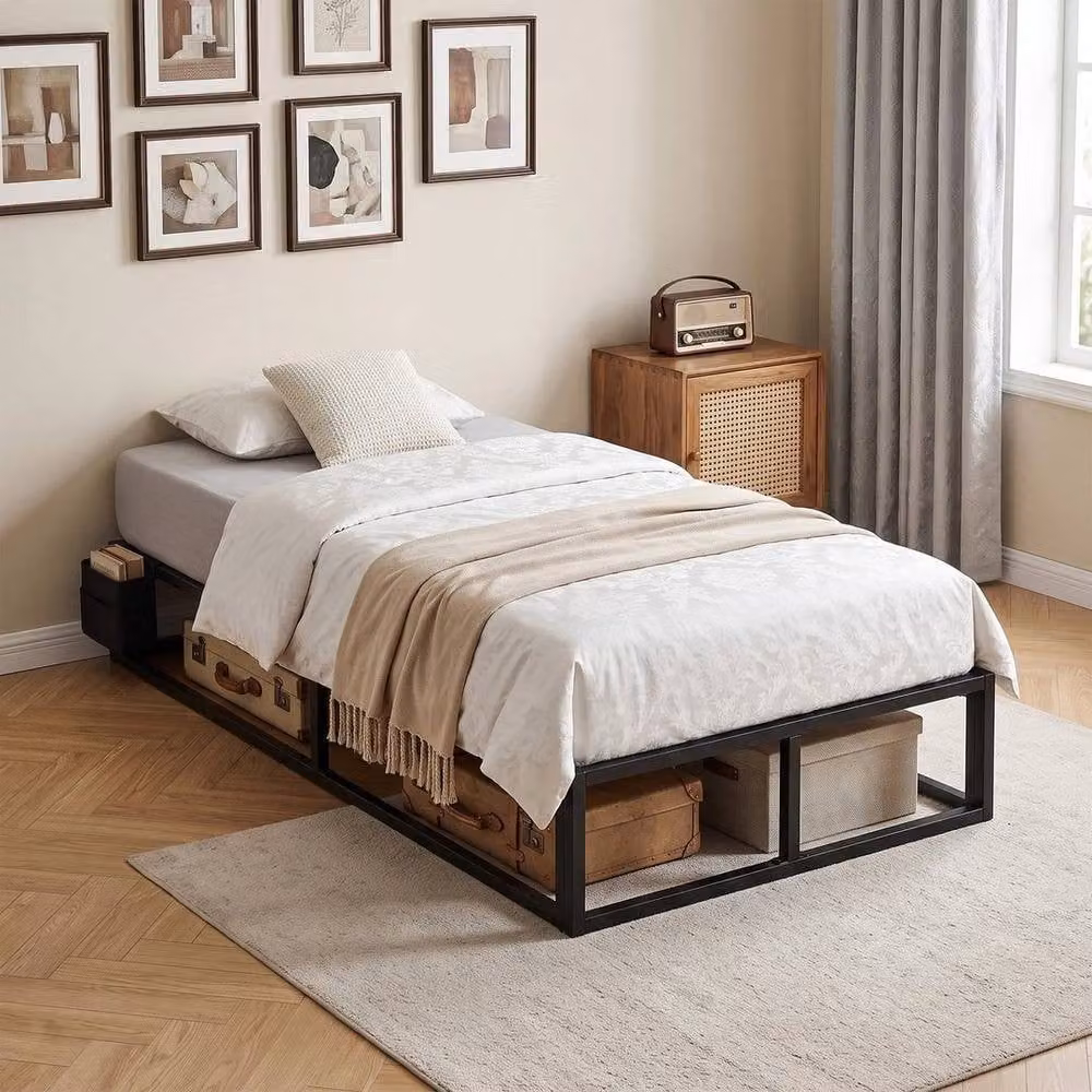 KORVIXA Single Metal Platform Bed Frame with Side Compartments and Storage Bag in Black, 90 x 200 cm – 5