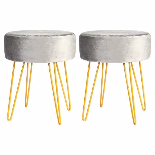 Harbour Housewares Pack of 2 Round Velvet Footstools in Grey with Gold Legs, H41 x D35 cm