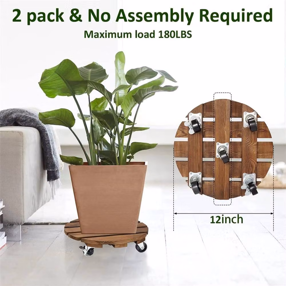 SPETLEK Pack of 2 Brown Wooden Round Plant Pot Stand Movers with Wheels – 2