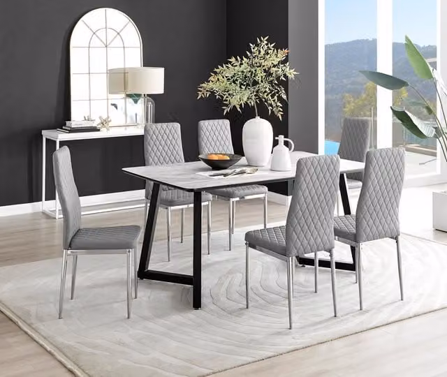 FurnitureboxUK Carson White Marble Effect Dining Table and 6 Milan Grey Faux Leather Chairs with Chrome Legs
