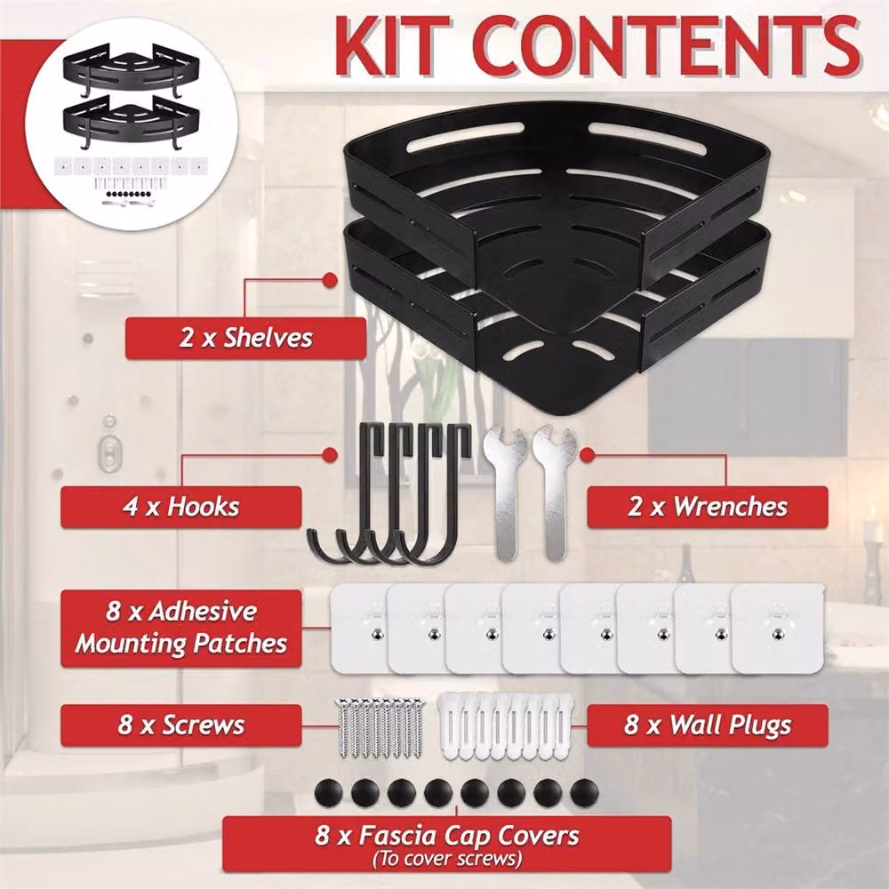 Nordara 2 Pack Matt Black Aluminium Corner Bathroom Shower Shelves – 5