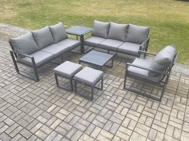 Fimous 9 Seater Outdoor Garden Furniture Lounge Sofa Set in Dark Grey with Powder Coated Aluminium Frame, Square Coffee Table and Two Matching Ottomans