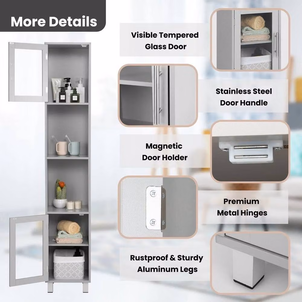 Kelvenix Modern Slim Free-Standing Tall Bathroom Cabinet in Grey with Glass Doors and Internal Shelves, H: 180 cm – 4