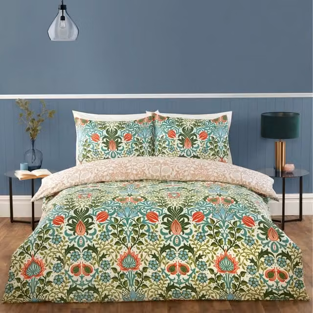 Rapport Home Heritage Flora Reversible Microfibre Duvet Cover and Pillowcase Set, Art Nouveau Floral Design, Orange and Green, W: 140 cm, L: 200 cm