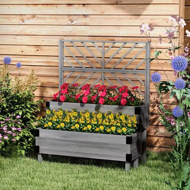 Outsunny Raised Garden Bed with Trellis and Rustic Wood Planter Box in Brown