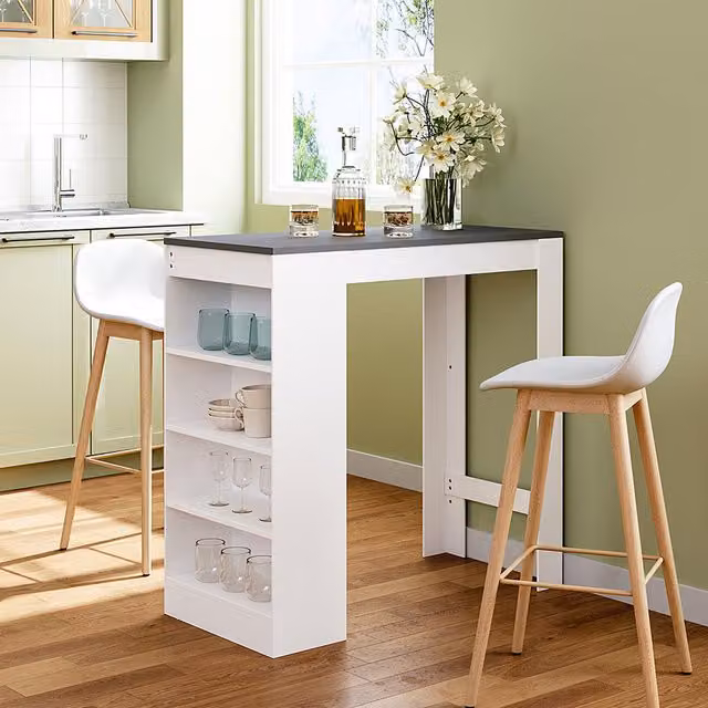 Komore Modern Rectangular Bar Table with Shelves in Grey and White