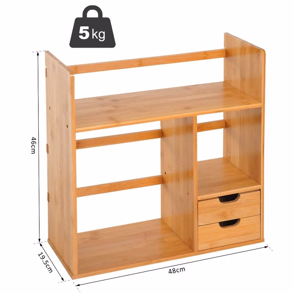 Rolipo Bamboo Desktop File Organiser with 2 Drawers and Storage Shelves, Brown – 3