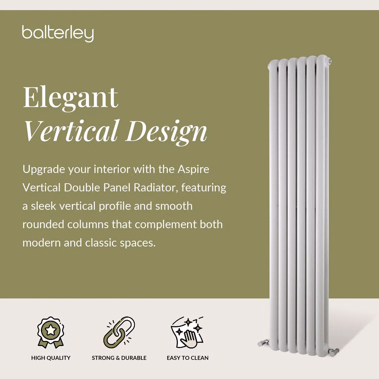 Balterley Aspire Vertical Double Panel Radiator, White, H: 150 cm, W: 38.3 cm – 2