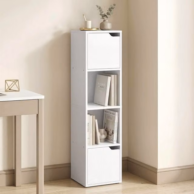 HOMCOM 4 Tier Minimalist White Bookcase with 2 Cabinets and Doors