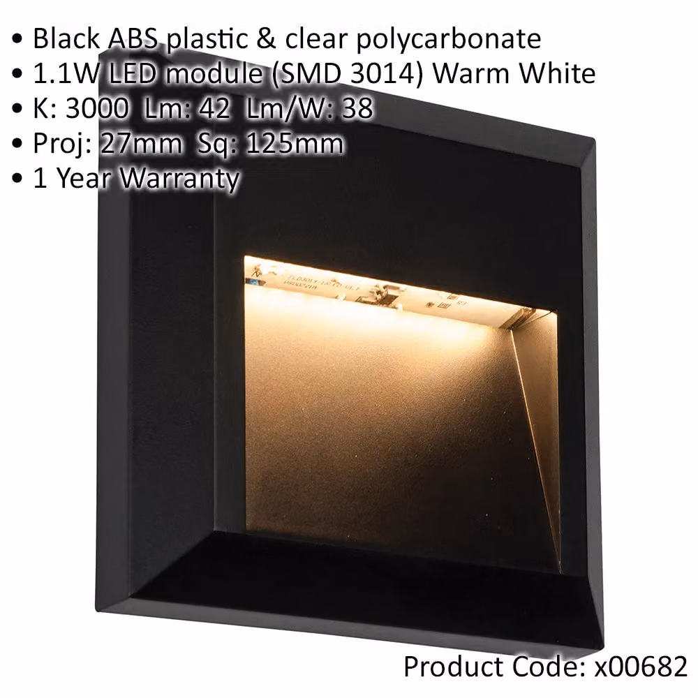 Loops 2 Pack Square IP65 LED Guide Light in Black with Warm White Indirect Lighting for Stairs, Steps and Gardens – 2