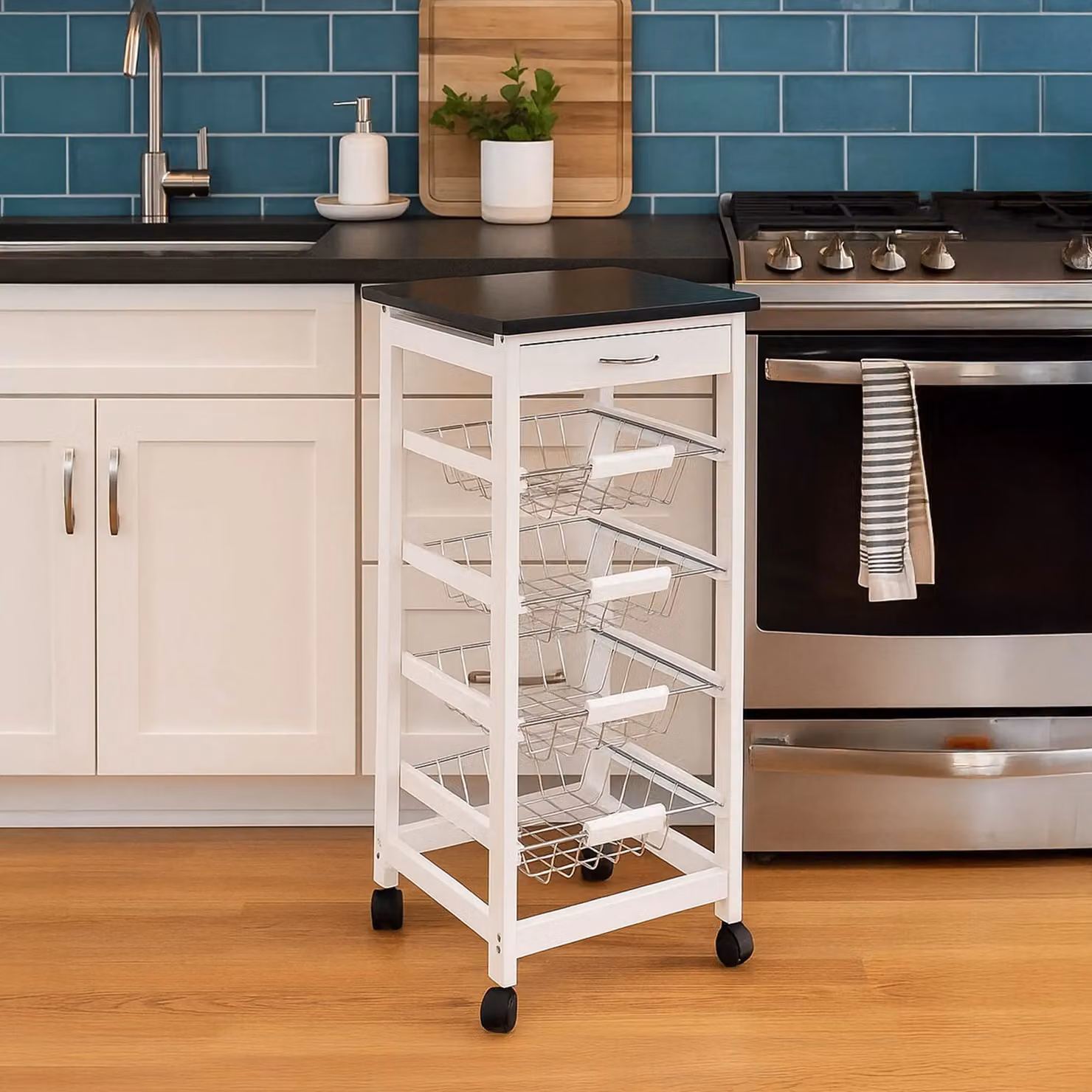 Home Discount Chef Vida 4 Tier Wooden Kitchen Trolley Storage Cart in White – 3