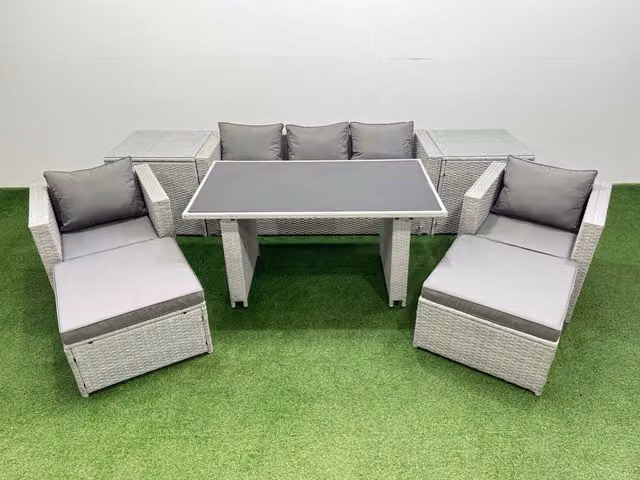 Fimous Modern Patio Garden Furniture Set with Light Grey Rattan Armchairs and Black Glass Top Table